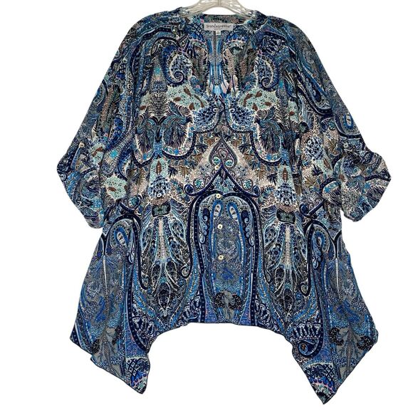 Grand & Greene Top Shirt 1X Blue Floral Button Up Roll Tab Asymmetrical Relaxed - Picture 1 of 6